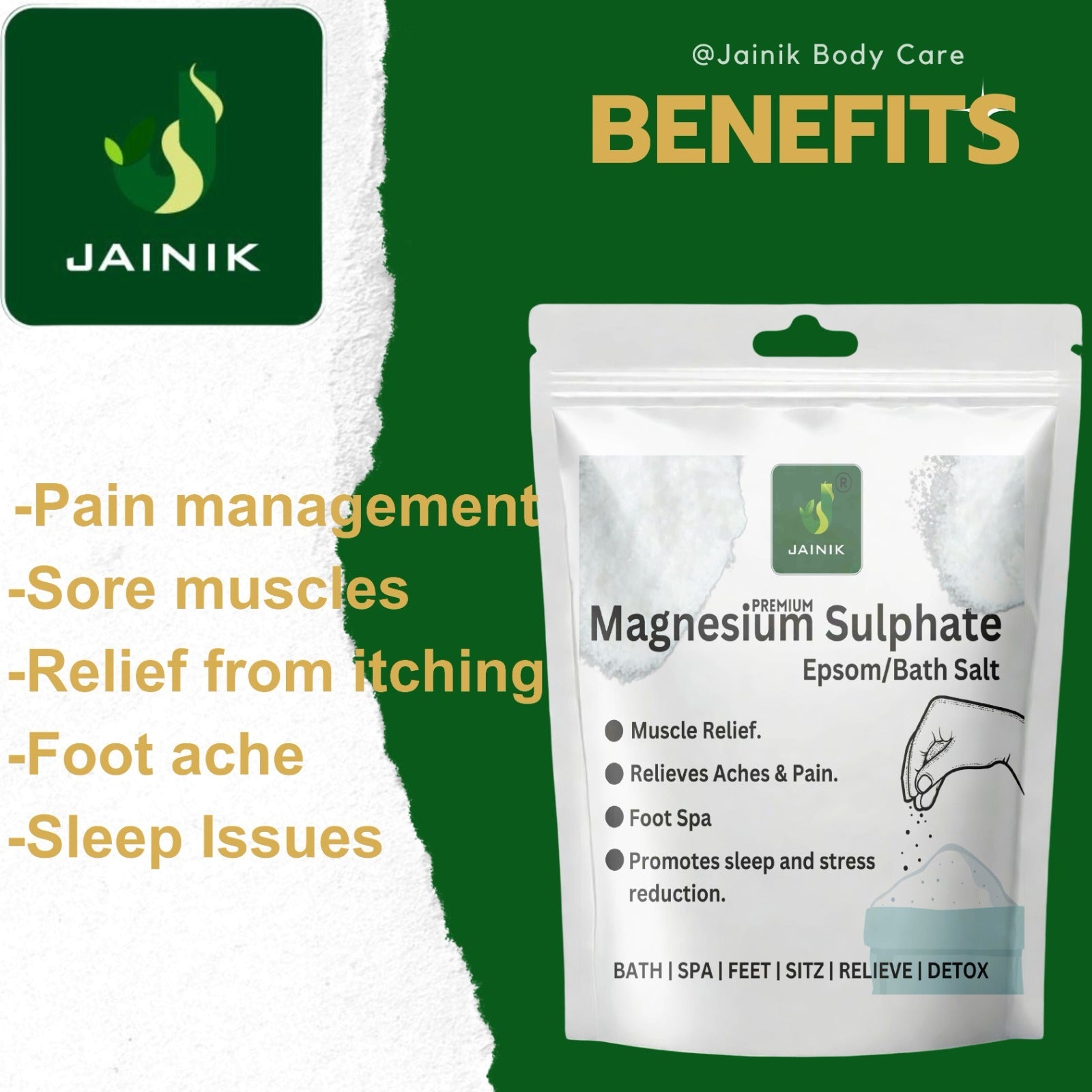JAINIK Epsom Bath Salt Crystal And Bath, For Muscle Relief, Relieves Aches & Pain.  (1000 g)