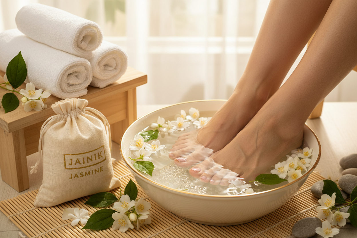 HOW TO USE Fill A Small Bucket Or Personal Pedicure System With Warm Water.Consider Filling It With Boiling Water And Then Allowing It To Cool Until You Can Comfortably Place Feet In Water.Add One To Two Cups Of JAINIK Epsom Salt To The Water And Swish With Your Feet.Rub Your Feet Along The Salt Grains To Break It Down And Get It Into Sore Or Painful Areas.Sit With Feet In The.Salt Bath Until Water Cools.If You Want To Continue Your Soak,Consider Adding A Few Cups Of Hot Water And Mix. JAINIK JASMINE POUCH 
