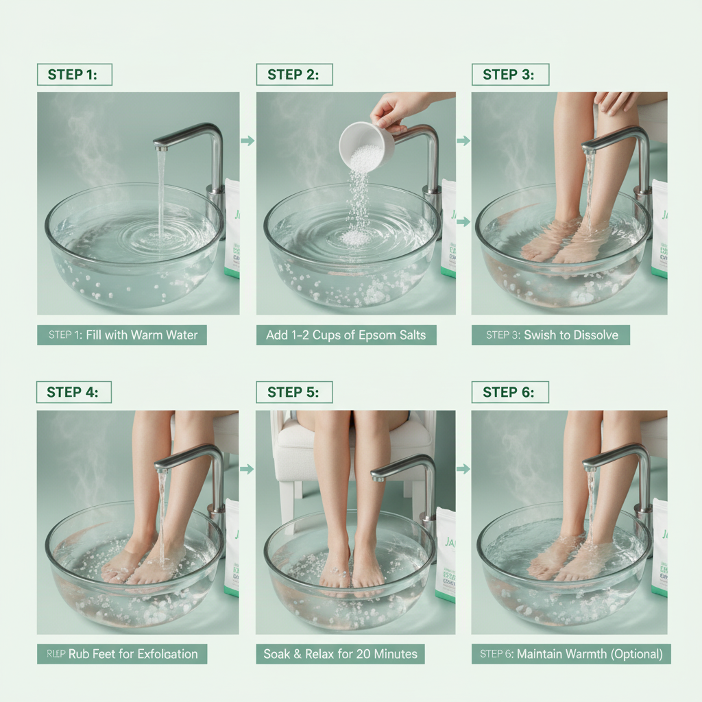 MAKE A 3D VIDEO HOW TO USE Fill A Small Bucket Or Personal Pedicure System With Warm Water.Consider Filling It With Boiling Water And Then Allowing It To Cool Until You Can Comfortably Place Feet In Water.Add One To Two Cups Of JAINIK Epsom Salt To The Water And Swish With Your Feet.Rub Your Feet Along The Salt Grains To Break It Down And Get It Into Sore Or Painful Areas.Sit With Feet In The.Salt Bath Until Water Cools.If You Want To Continue Your Soak,Consider Adding A Few Cups Of Hot Water And Mix.

